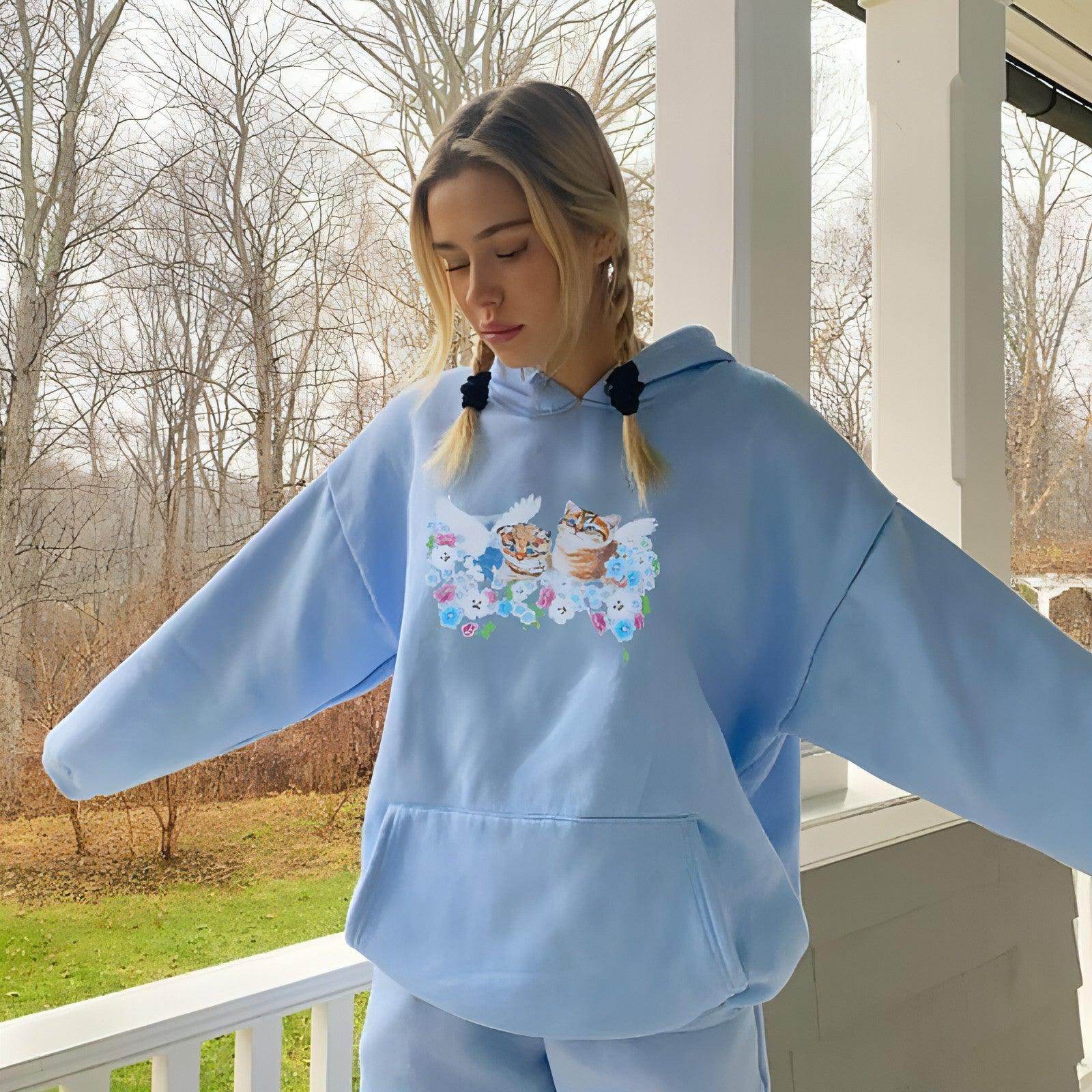 Cat Print Hooded Loose Pullover Long Sleeve Casual Sweater Women - Which Mark