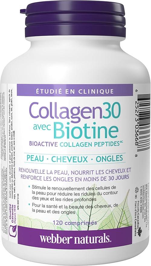 Webber Naturals Collagen30 with Biotin, 2,500 mg of Bioactive Collagen Peptides with 5,000 mcg of Biotin Per Serving, 120 Tablets, For Advanced Nourishment of Skin, Hair and Nails - Which Mark