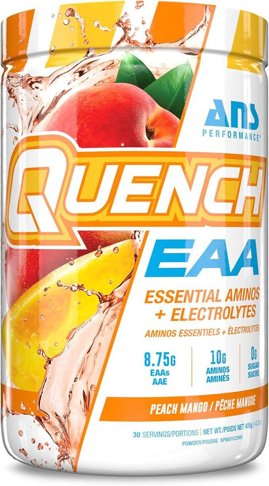QUENCH EAA Aminos + Electrolytes - Complete Blend of 9 EAAs - 10g Total Amino Acids - Vitamins, Antioxidants, Electrolytes - ZERO Sugar, Carbs, Calories (Peach Mango) - Which Mark