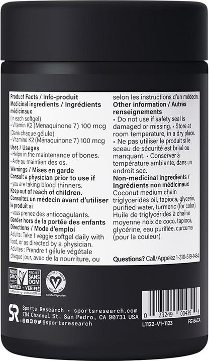 Sports Research Vitamin K2 as MK7 with Coconut MCT Oil | Non-GMO Verified, Vegan Certified (60 Veggie-Softgels) - Which Mark