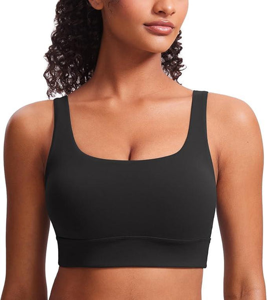 CRZ YOGA Butterluxe Womens U Back Sports Bra - Scoop Neck Padded Low Impact Yoga Clothes Workout Crop Top with Built in Pads - Which Mark