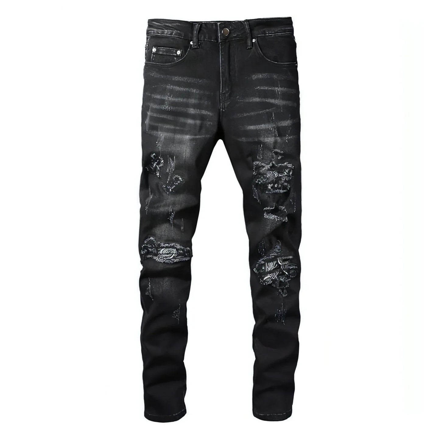 UrbanEase™ Black Cashew Flower Printed Patch Torn Jeans For Men - Which Mark