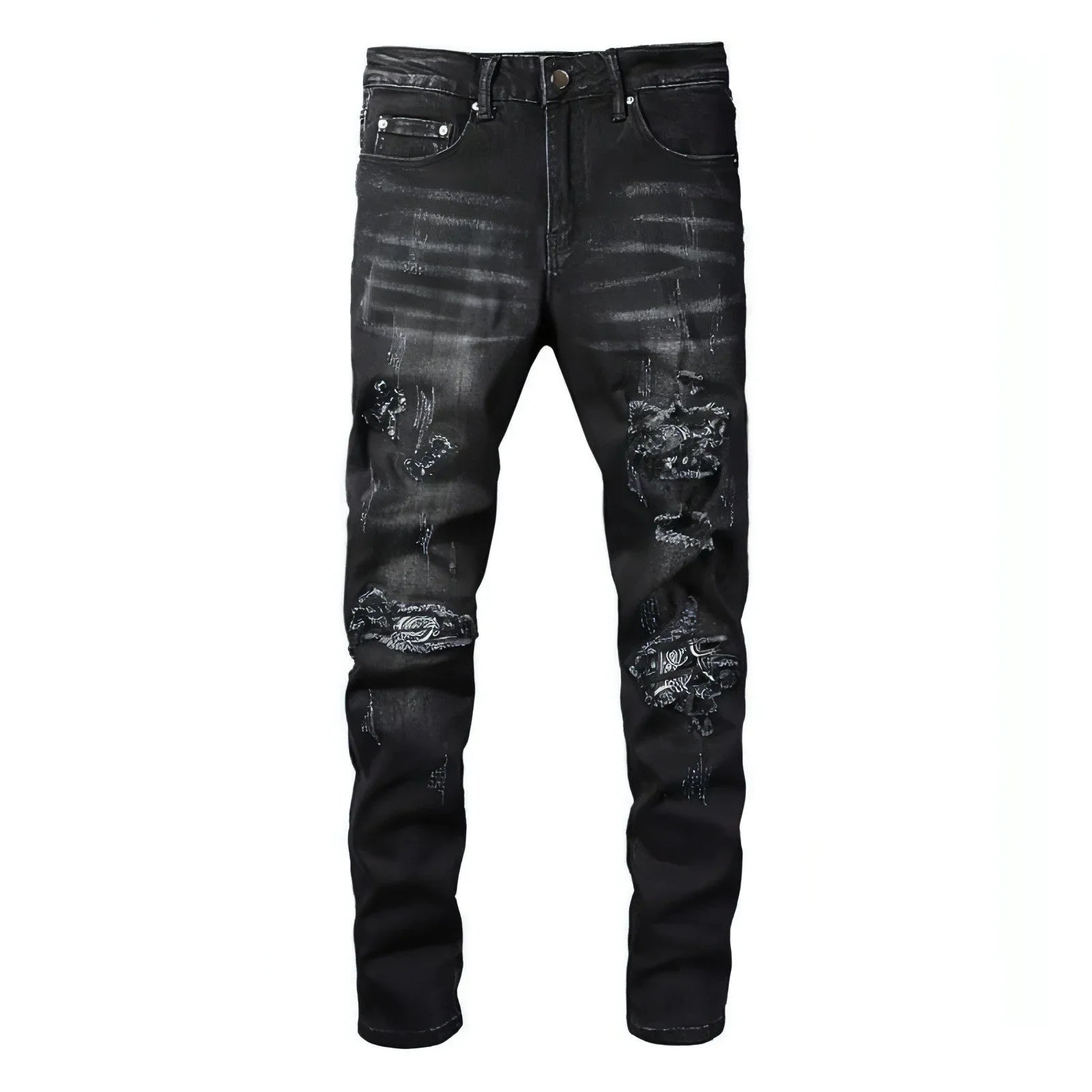 UrbanEase™ Black Cashew Flower Printed Patch Torn Jeans For Men - Which Mark