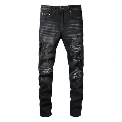UrbanEase™ Black Cashew Flower Printed Patch Torn Jeans For Men - Which Mark