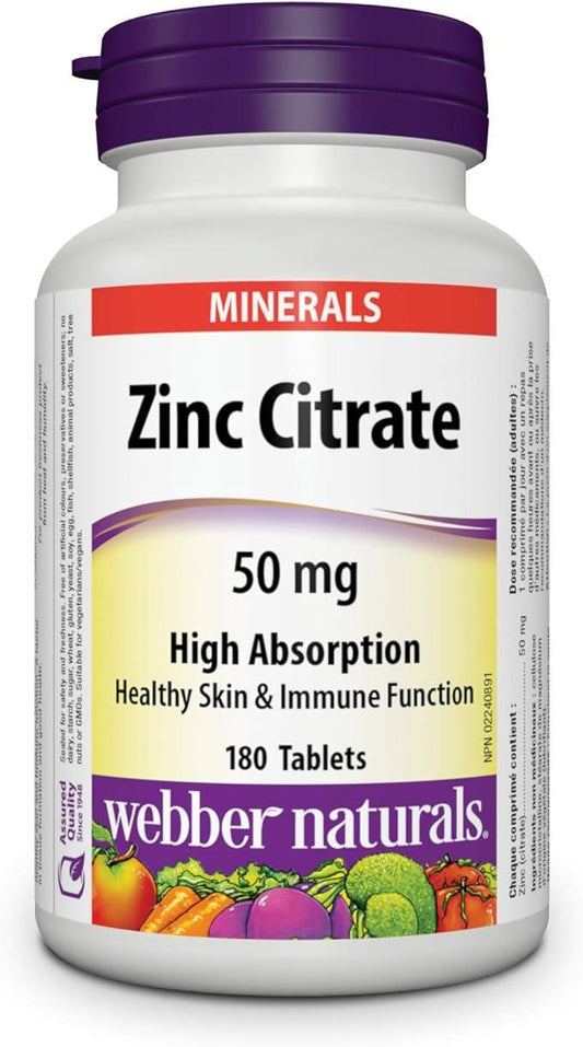 Webber Naturals Zinc Citrate 50 mg, 180 Tablets, For Healthy Skin and Immune Support, Vegan - Which Mark