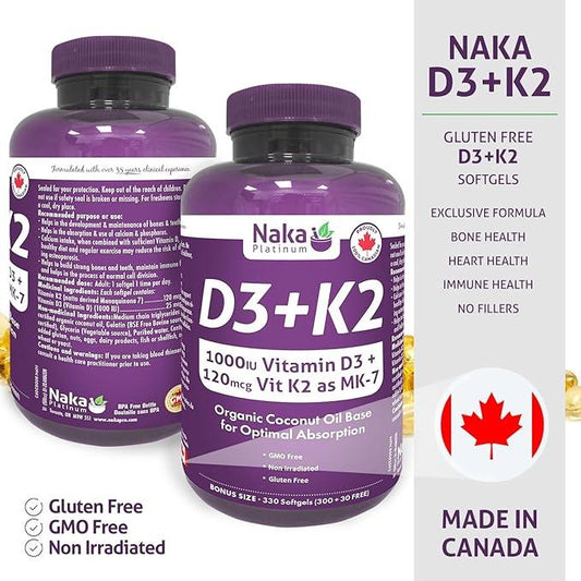 Naka Platinum D3+K2 Super BONUS SIZE 330 Softgels (300 + 30 FREE) Organic Coconut Oil Base for Optimal Absorption. - Which Mark