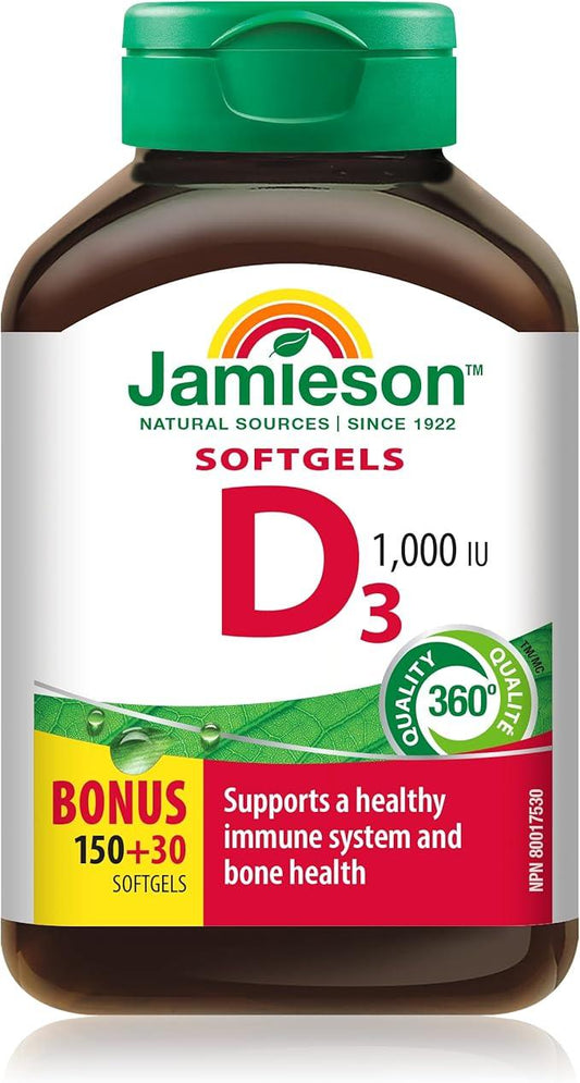 Jamieson Vitamin D3 1,000 IU Softgels, Easy to Swallow, Supports Immune Health, Strong Bones and Teeth, Enhances Calcium and Phosphorus Absorption. Non-GMO, Gluten-Free, One Per Day, 180 Count, Proudly Canadian - Which Mark