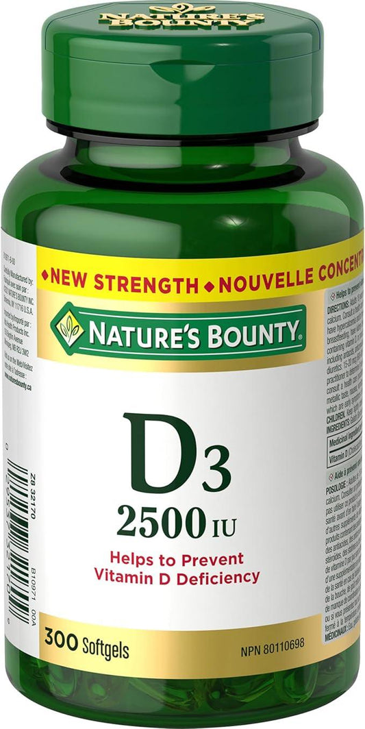 NATURE'S BOUNTY Vitamin D3, 2500 IU, Helps To Prevent Vitamin D Deficiency, Gluten-free, Dairy-free, Adults 18 And Older, 300 Softgels, 68.1 g - Which Mark
