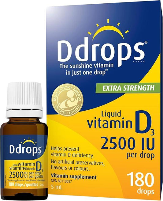 Ddrops Adults 2500IU Liquid Vitamin D3 Drops, 180 drops. Extra Strength. No Large Capsules, No Preservatives, Non-GMO, Allergy-friendly - Which Mark