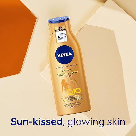 NIVEA Q10 Firming + Glow Body Lotion | Firmer-Feeling Skin | Gradual Tanning Lotion without sun exposure |Firming Body Lotion | Daily Moisturizer | For all skin types | 400mL - Which Mark