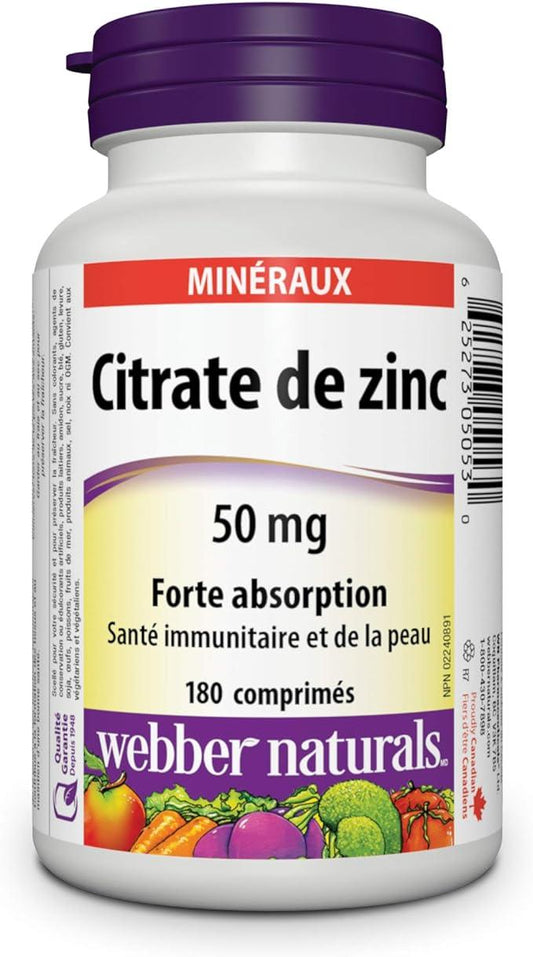 Webber Naturals Zinc Citrate 50 mg, 180 Tablets, For Healthy Skin and Immune Support, Vegan - Which Mark
