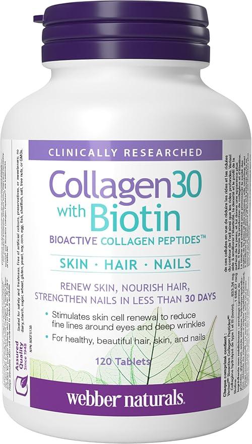 Webber Naturals Collagen30 with Biotin, 2,500 mg of Bioactive Collagen Peptides with 5,000 mcg of Biotin Per Serving, 120 Tablets, For Advanced Nourishment of Skin, Hair and Nails - Which Mark