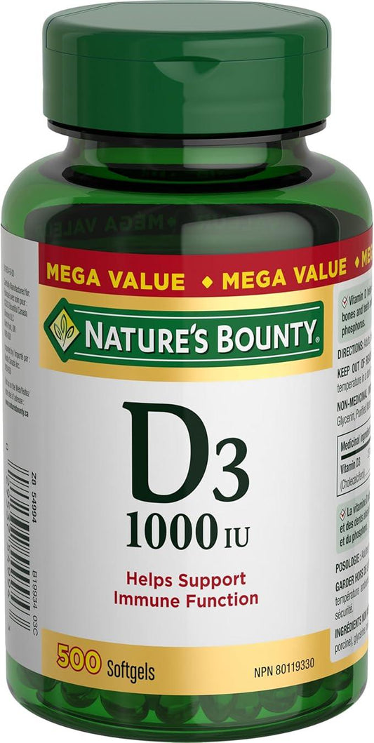 NATURE'S BOUNTY Vitamin D3, 1000 IU, Mega Value, Helps Support Immune Function, Helps Develop & Maintain Bones & Teeth, Helps in Absorption Of Calcium & Phosphorus, 500 Softgels, 117.5 g - Which Mark