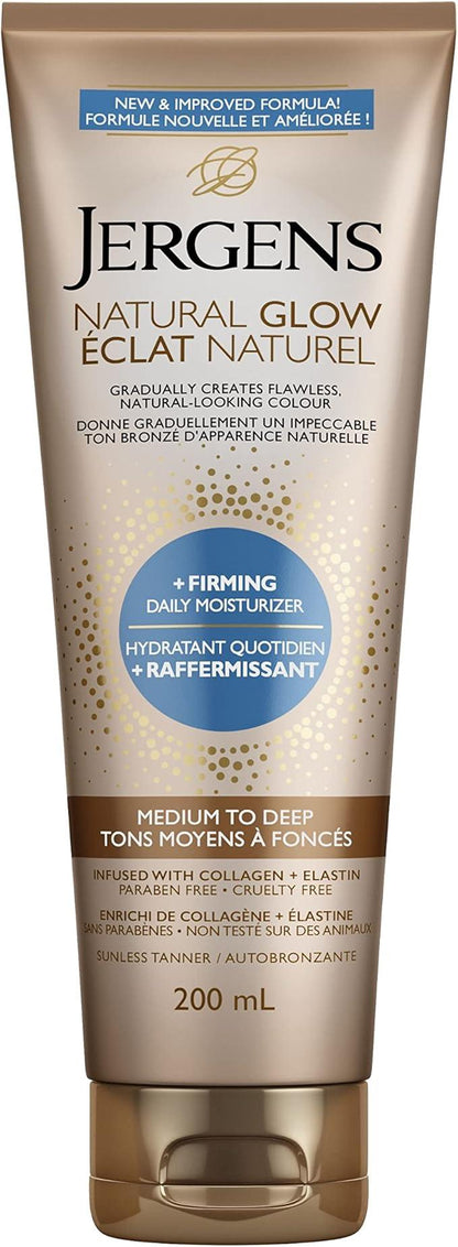 Jergens Natural Glow +Firming Daily Moisturizer & Gradual Sunless Self Tanning Body Lotion for Dry Skin, Medium to Deep Shade (200 mL) - Which Mark