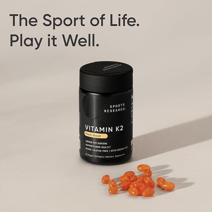 Sports Research Vitamin K2 as MK7 with Coconut MCT Oil | Non-GMO Verified, Vegan Certified (60 Veggie-Softgels) - Which Mark