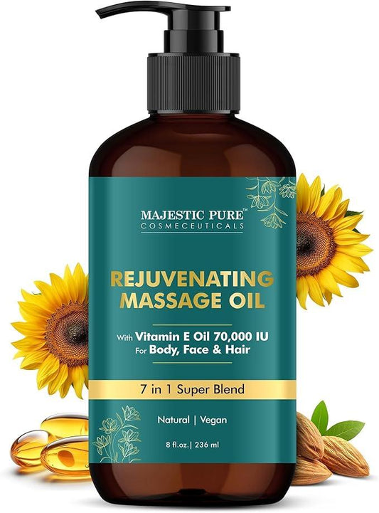 Majestic Pure Vitamin E 70k Blend Massage Oil with Sweet Almond, Jojoba, Argan, Avocado | Invigorating, Refreshing, and Relaxing | For All Skin Types - Men and Women | 8 Fl Oz - Which Mark