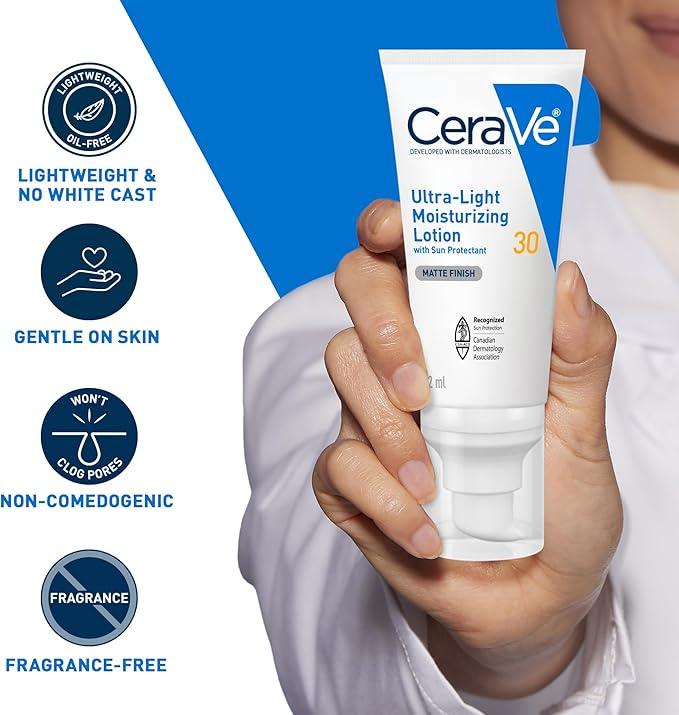 CeraVe Ultra-light Face Moisturizer with SPF 30. Hyaluronic Acid face sunscreen lotion for Men & Women, Normal to Oily & sensitive skin. Fragrance-Free, Oil-Free, Non-Comedogenic, Travel Size 52 ML - Which Mark