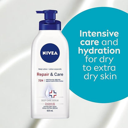 NIVEA Repair and Care Body Lotion for Dry Skin, 72-Hour Moisturizing Lotion for Extra Dry Skin, Fast-Absorbing, Non-Greasy Daily Body Moisturizer With Provitamin B5, 625mL Climate Pledge Friendly - Which Mark