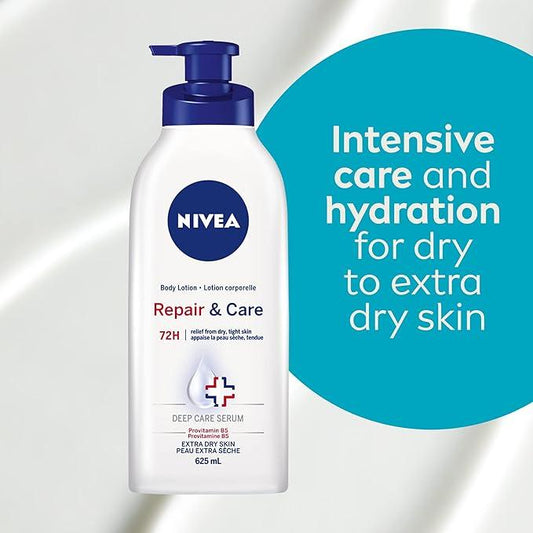 NIVEA Repair and Care Body Lotion for Dry Skin, 72-Hour Moisturizing Lotion for Extra Dry Skin, Fast-Absorbing, Non-Greasy Daily Body Moisturizer With Provitamin B5, 625mL Climate Pledge Friendly - Which Mark