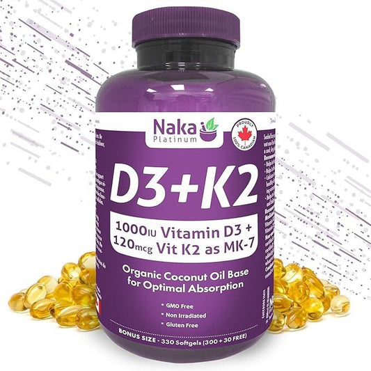 Naka Platinum D3+K2 Super BONUS SIZE 330 Softgels (300 + 30 FREE) Organic Coconut Oil Base for Optimal Absorption. - Which Mark