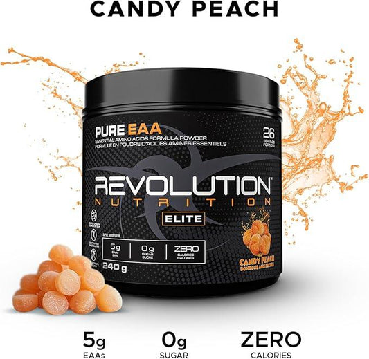 Revolution Nutrition, Pure EAA Powder, Essential Amino Acid, Post Workout, Zero Calorie, Zero Sugar, Gluten Free, Enhanced with Electrolytes, 5g EAAs, 240 g, 26 Servings (Candy Peach, 0.53 Pound) - Which Mark