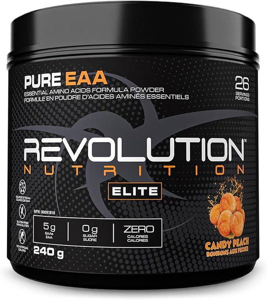 Revolution Nutrition, Pure EAA Powder, Essential Amino Acid, Post Workout, Zero Calorie, Zero Sugar, Gluten Free, Enhanced with Electrolytes, 5g EAAs, 240 g, 26 Servings (Candy Peach, 0.53 Pound) - Which Mark
