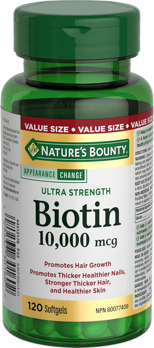 NATURE'S BOUNTY Biotin, Ultra Strength, 10,000 mcg, Promotes Hair Growth, Thicker Healthier Nails, Stronger Thicker Hair & Healthier Skin, Helps Metabolize Nutrients, Softgels, 55.4 g - Which Mark