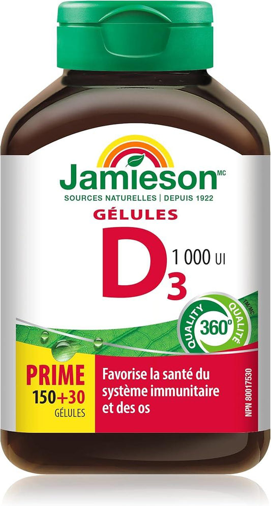 Jamieson Vitamin D3 1,000 IU Softgels, Easy to Swallow, Supports Immune Health, Strong Bones and Teeth, Enhances Calcium and Phosphorus Absorption. Non-GMO, Gluten-Free, One Per Day, 180 Count, Proudly Canadian - Which Mark