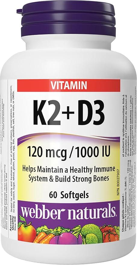 Webber Naturals Vitamin K2 with D3, 60 Softgels, Helps Support Bones, Teeth, and Immune Function, Gluten & Dairy Free - Which Mark