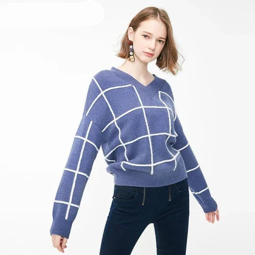 Spring new pattern check V-neck short sweater women - Which Mark