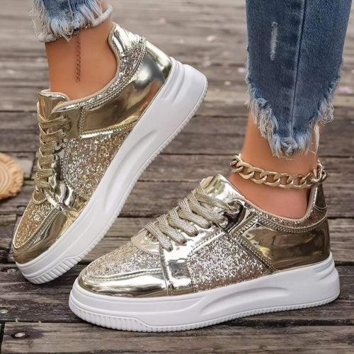 Fashion Lace-up Flat Shoes With Sequin Design Casual Sports Thick - Which Mark
