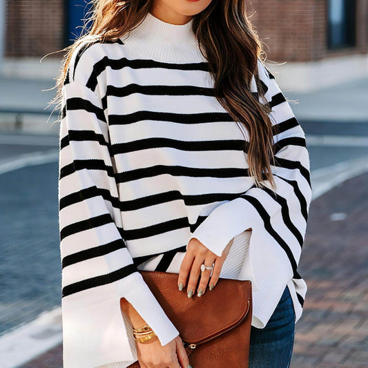Striped Turtleneck Sweater Women's Cuffs - Which Mark