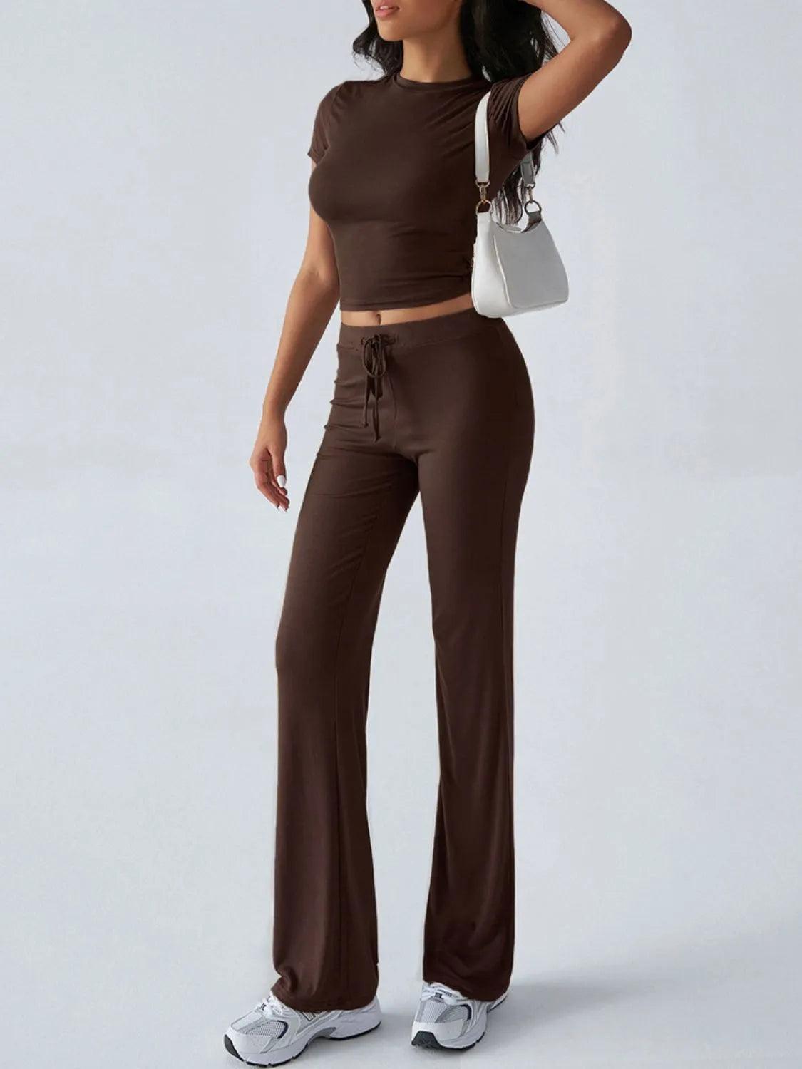 Round Neck Short Sleeve Top and Pants Set - Which Mark