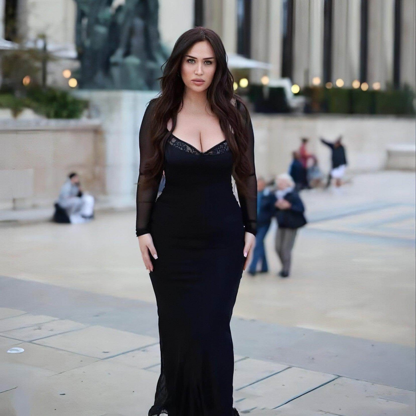 Women's Black With Fishbone Braces Long Sleeve Tight Dress - Which Mark