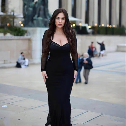 Women's Black With Fishbone Braces Long Sleeve Tight Dress - Which Mark