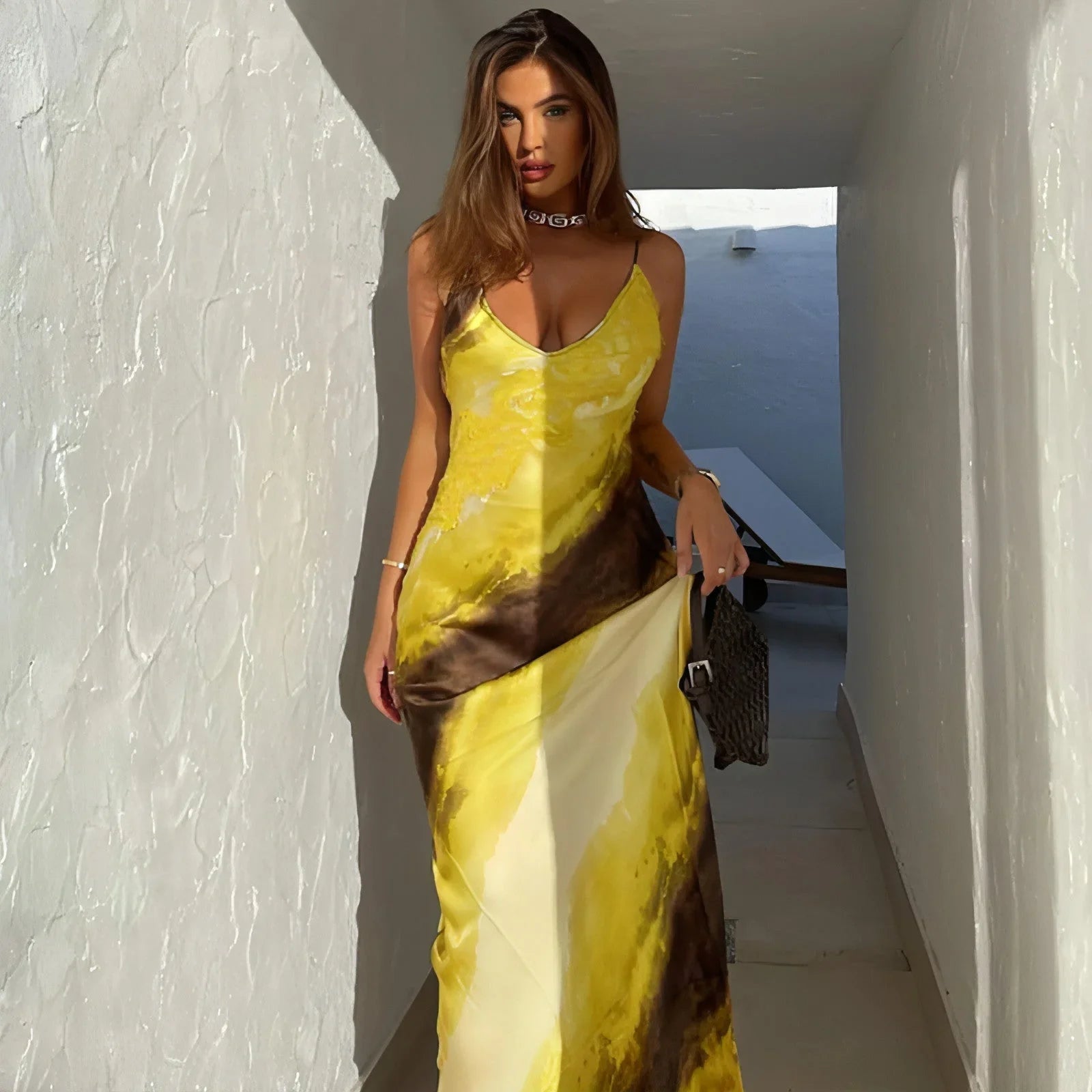 Women's Fashion Printed V-neck Backless Slit Sling Dress - Which Mark