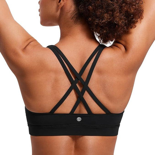 CRZ YOGA Women's Strappy Sports Bras Fitness Workout Padded Yoga Top Criss Cross Back Cami - Which Mark
