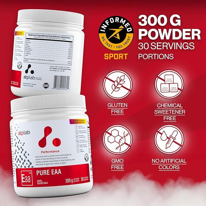 ATP LAB Pure EAA Powder, 300g - Berry Lemonade Flavor - Complete Blend of 11 EAAs & Electrolytes - L-Lysine, L-Methionine, Tryptophan - Essential Amino Acids for Workout Support & Refreshing Hydration - Which Mark