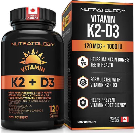 Nutratology Vitamin K2 + D3 | Canadian-Made Highest Potency 120MCG/1000 IU - 120 Capsules - Helps Maintain Bone & Teeth Health - Formulated With MK-7 For Best Results - Immune System Support. - Which Mark