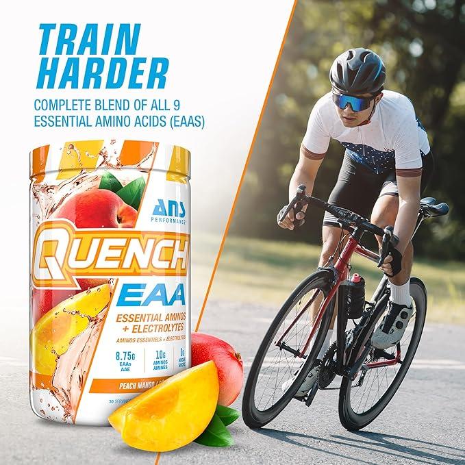 QUENCH EAA Aminos + Electrolytes - Complete Blend of 9 EAAs - 10g Total Amino Acids - Vitamins, Antioxidants, Electrolytes - ZERO Sugar, Carbs, Calories (Peach Mango) - Which Mark