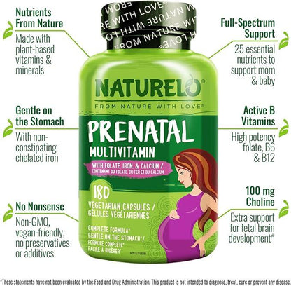 NATURELO Prenatal Multivitamin with Gentle Chelated Iron, Methyl Folate, Plant Calcium & Choline - Vegan, Vegetarian - Non-GMO - Gluten Free - 180 Capsules - 2 Month Supply - Which Mark