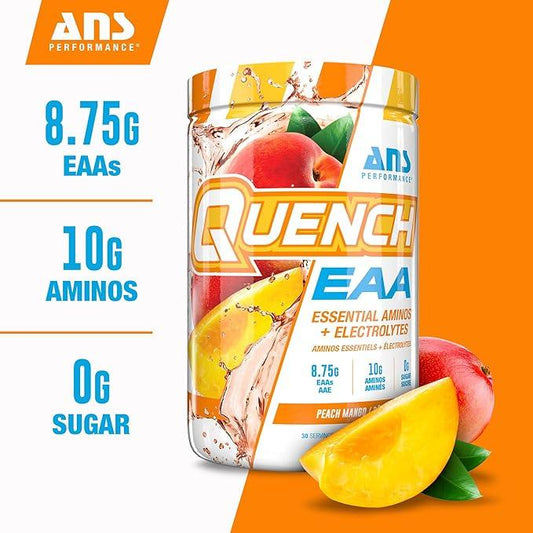 QUENCH EAA Aminos + Electrolytes - Complete Blend of 9 EAAs - 10g Total Amino Acids - Vitamins, Antioxidants, Electrolytes - ZERO Sugar, Carbs, Calories (Peach Mango) - Which Mark