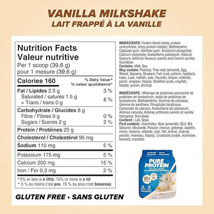 Pure Protein Whey Powder - High Protein (25 g/scoop), Low Sugar (2 g/scoop), Gluten Free - Fast-Acting Formula, Vanilla, 907g - Which Mark