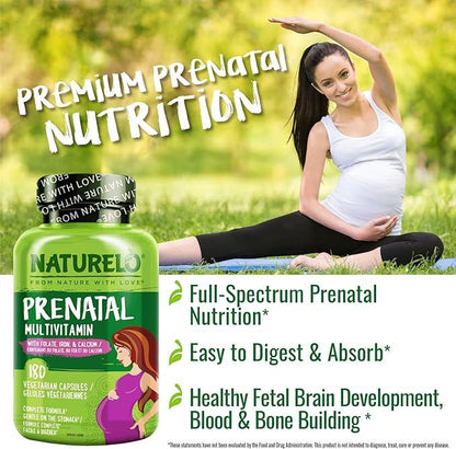 NATURELO Prenatal Multivitamin with Gentle Chelated Iron, Methyl Folate, Plant Calcium & Choline - Vegan, Vegetarian - Non-GMO - Gluten Free - 180 Capsules - 2 Month Supply - Which Mark