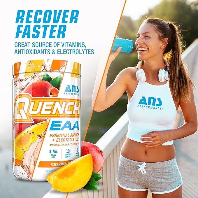 QUENCH EAA Aminos + Electrolytes - Complete Blend of 9 EAAs - 10g Total Amino Acids - Vitamins, Antioxidants, Electrolytes - ZERO Sugar, Carbs, Calories (Peach Mango) - Which Mark