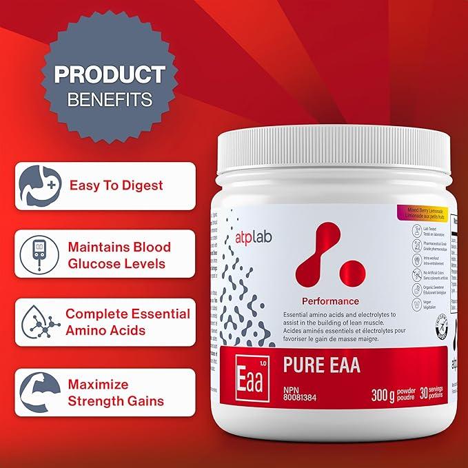 ATP LAB Pure EAA Powder, 300g - Berry Lemonade Flavor - Complete Blend of 11 EAAs & Electrolytes - L-Lysine, L-Methionine, Tryptophan - Essential Amino Acids for Workout Support & Refreshing Hydration - Which Mark