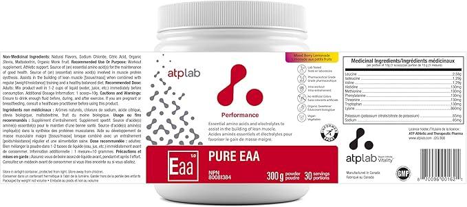 ATP LAB Pure EAA Powder, 300g - Berry Lemonade Flavor - Complete Blend of 11 EAAs & Electrolytes - L-Lysine, L-Methionine, Tryptophan - Essential Amino Acids for Workout Support & Refreshing Hydration - Which Mark
