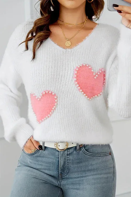 White Pearl Beaded Heart Pattern Fuzzy V Neck Sweater - Which Mark
