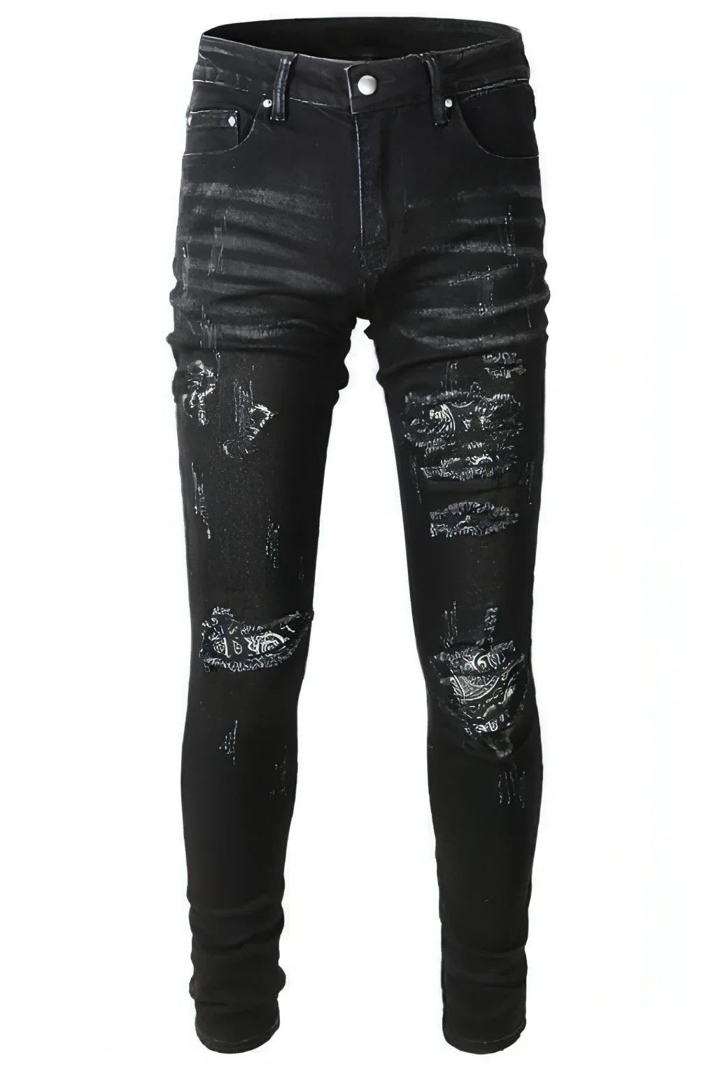 UrbanEase™ Black Cashew Flower Printed Patch Torn Jeans For Men - Which Mark
