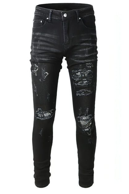 UrbanEase™ Black Cashew Flower Printed Patch Torn Jeans For Men - Which Mark